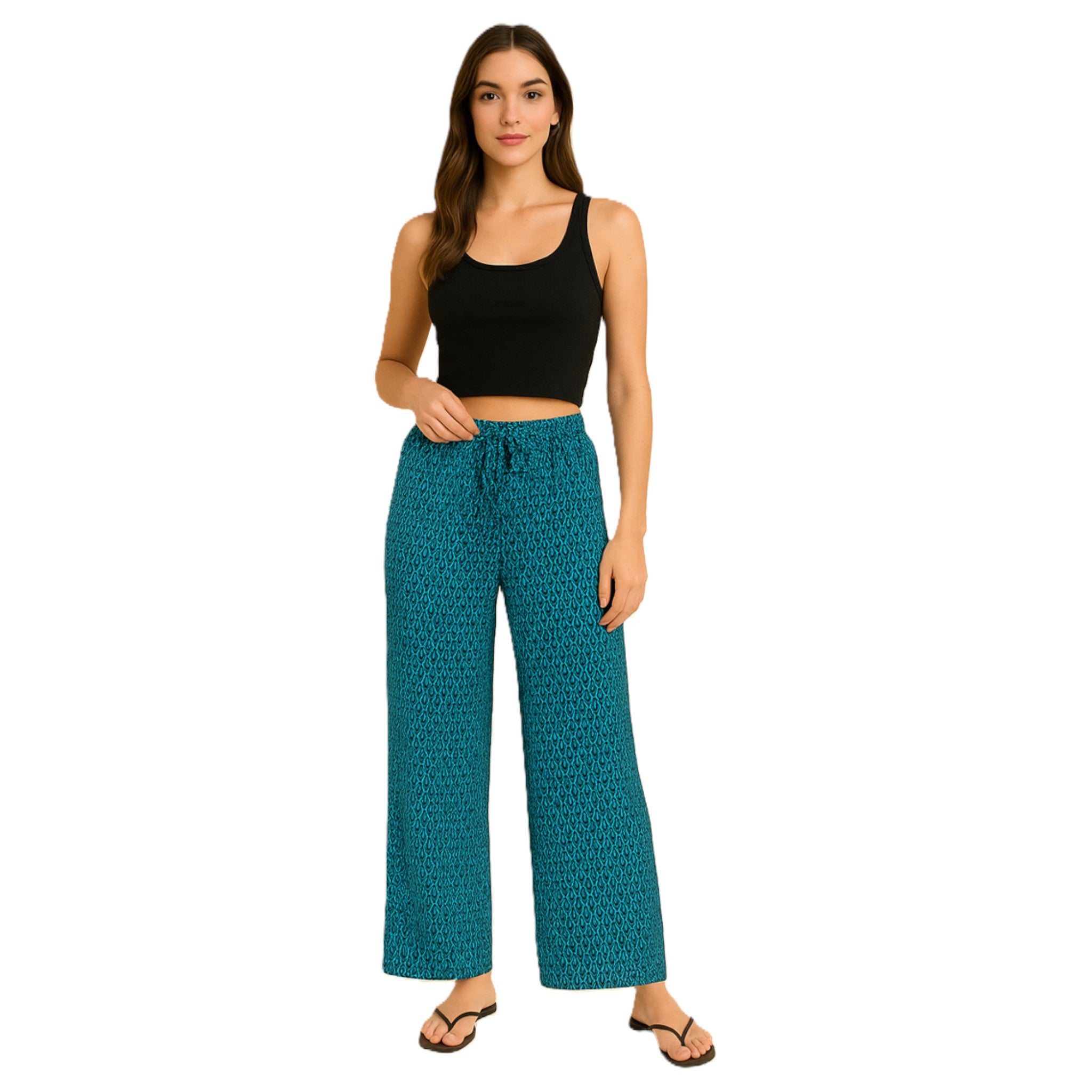 Women's printed wide-leg lounge trousers in blue – lightweight elastic waist boho pants for casual summer wear